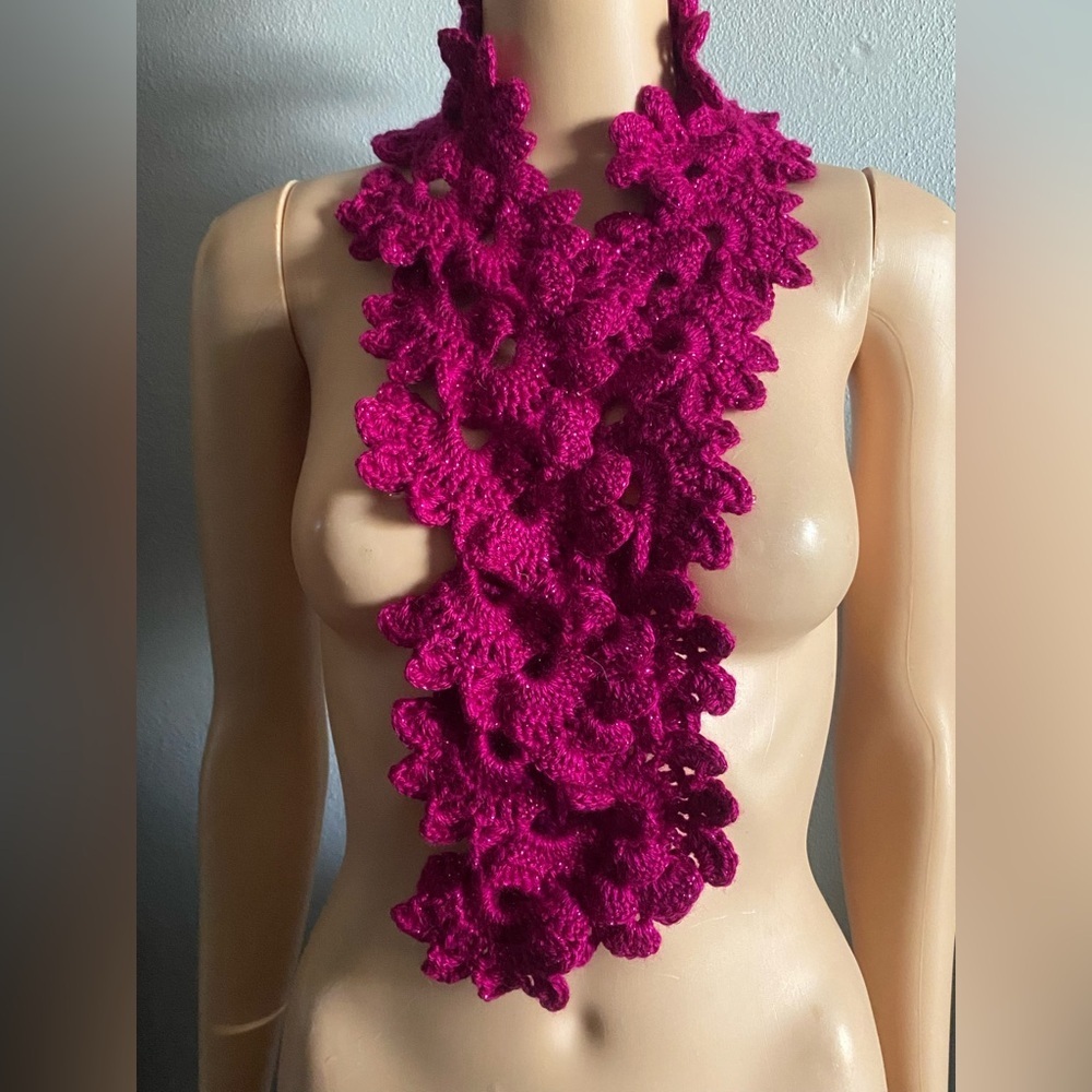 Hand crochet fuchsia sparkle lace scarf 40” length